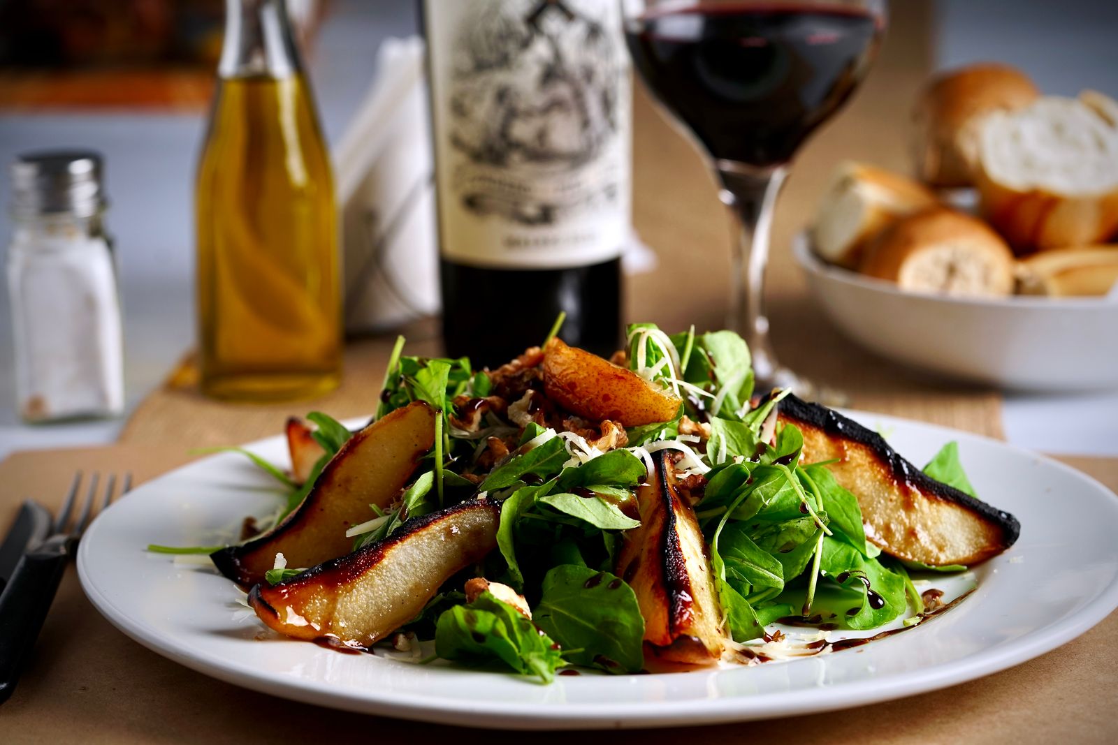 Grilled Eden Gold pear and rocket salad with Parmesan and walnuts