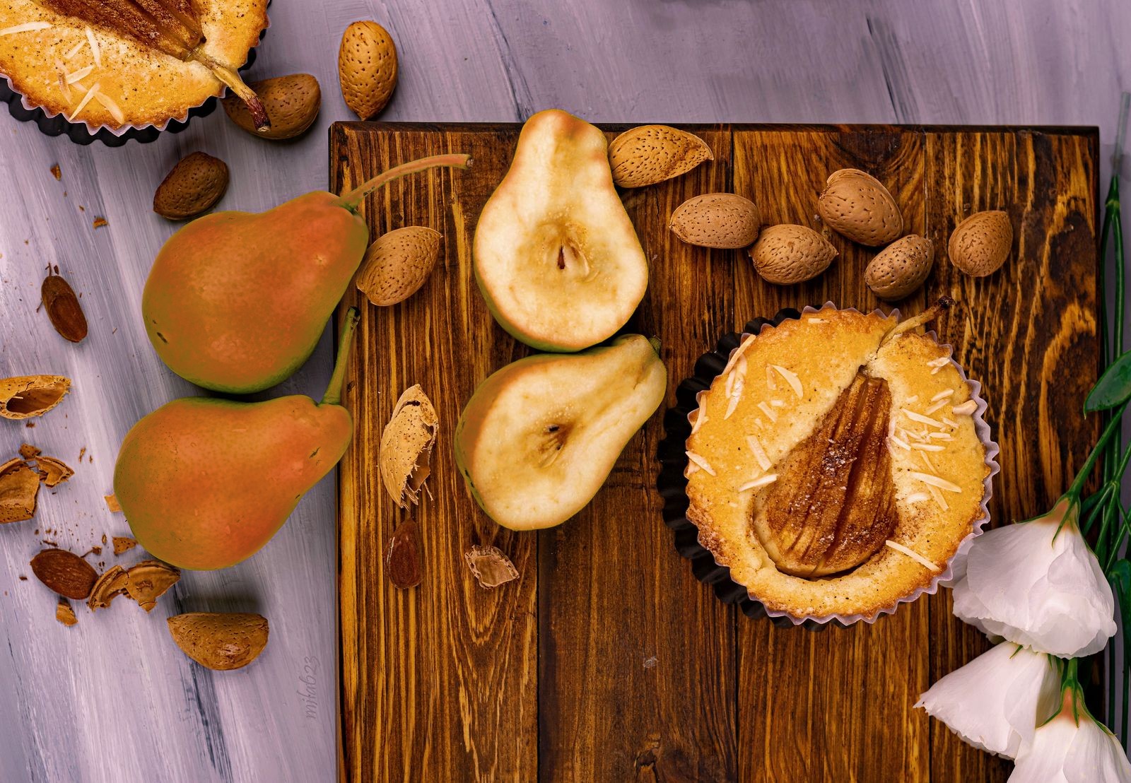 Eden Gold pear and almond frangipane tart with blushed Eden Gold pears